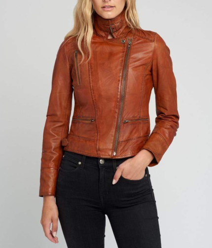 Monica Ladies Tanned Asymmetrical Moto Leather Jacket