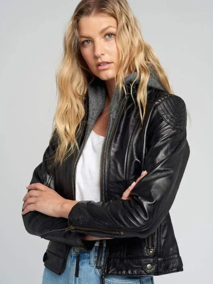 Eliza Black Removable Hooded Leather Jacket