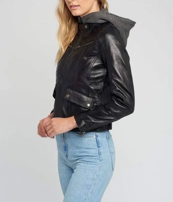 Kendra Hooded Black Cafe Racer Leather Jacket