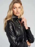 Kendra Hooded Black Cafe Racer Leather Jacket