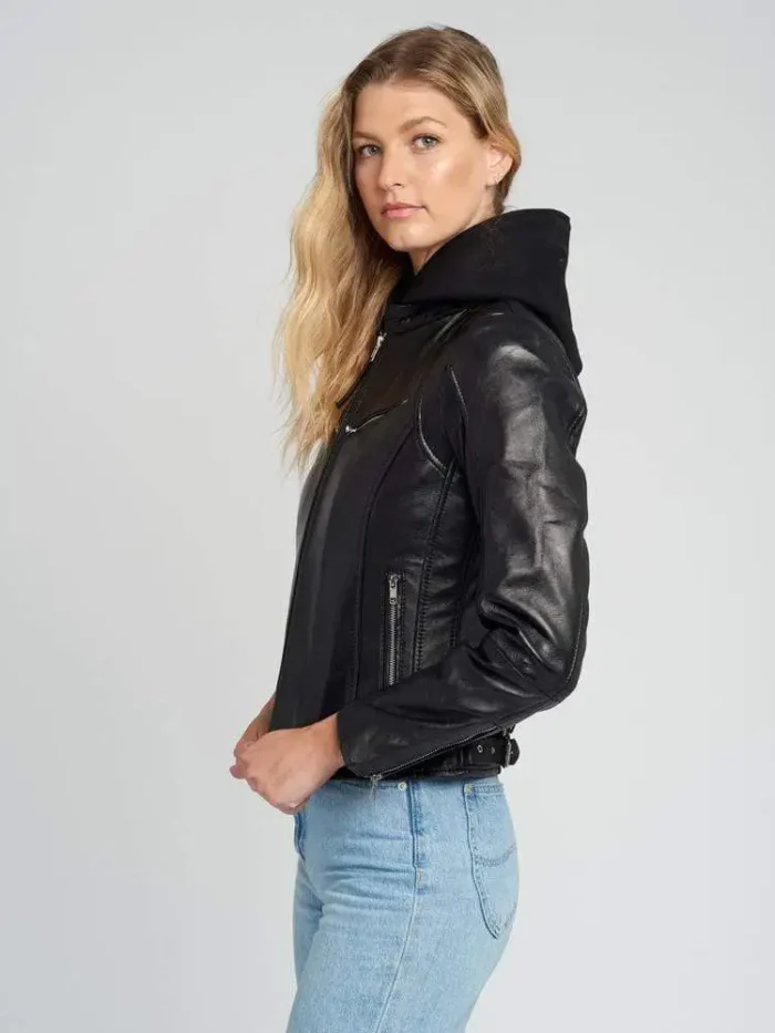 Womens Callie Black Hooded Leather Jacket