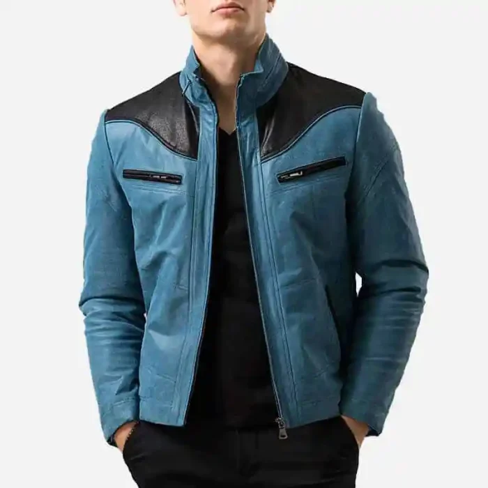 Blue and Black Leather Jacket For Men