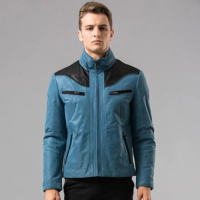 Blue and Black Leather Jacket For Men