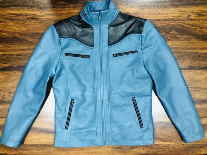 Blue and Black Leather Jacket For Men