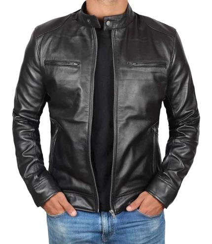 Dodge Mens Black Cafe Racer Leather Biker Jacket