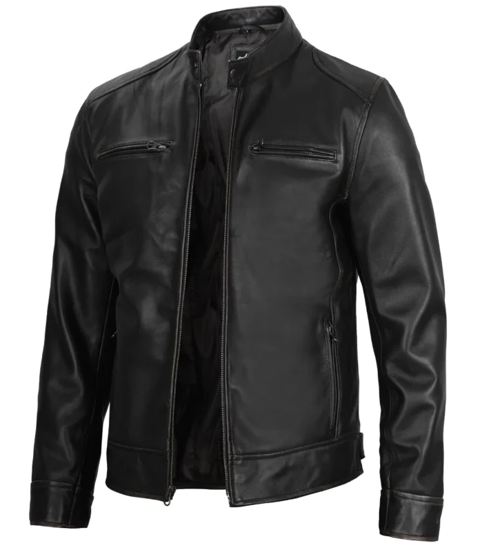 Dodge Mens Black Leather Cafe Racer Jacket - Biker Jacket