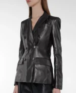 Color: Black Material: Real Leather Style: Blazer Gender: Women Closure Style: Button Closure Internal Lining: Viscose Lining Pockets: Two front pockets, two inside pockets Collar Style: notched