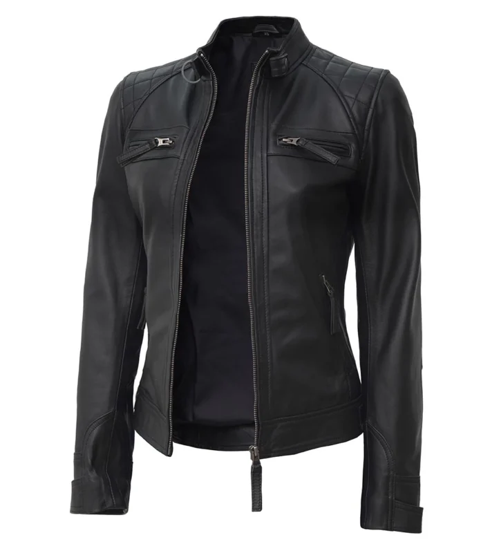 Johnson Women Black Quilted Cafe Racer Leather Jacket