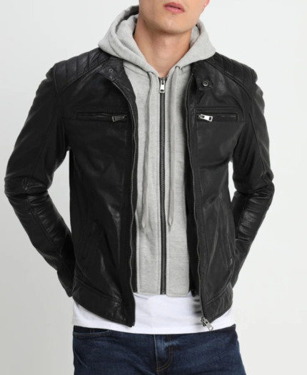 Leo Hooded Cafe Racer Black Leather Jacket