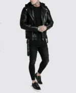 Leon Black Asymmetrical Hooded Biker Leather Jacket