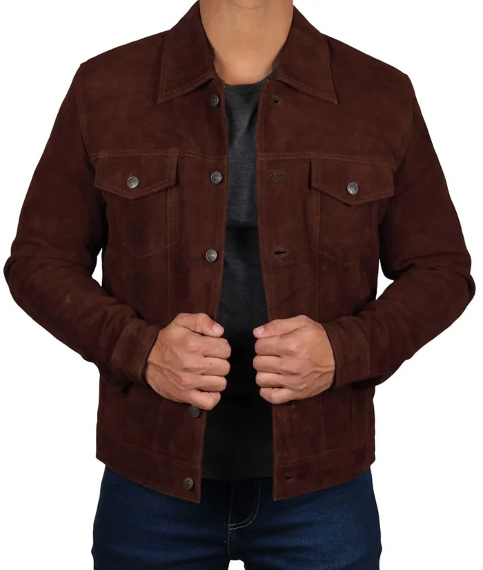 Logan Men's Dark Brown Suede Leather Trucker Jacket