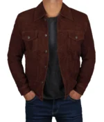 Logan Men's Dark Brown Suede Leather Trucker Jacket