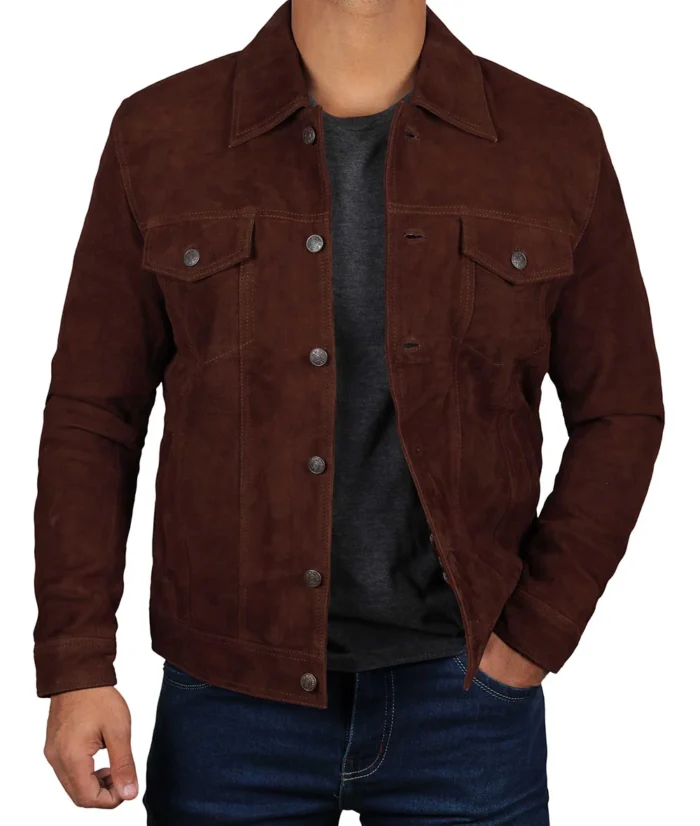 Logan Men's Dark Brown Suede Leather Trucker Jacket