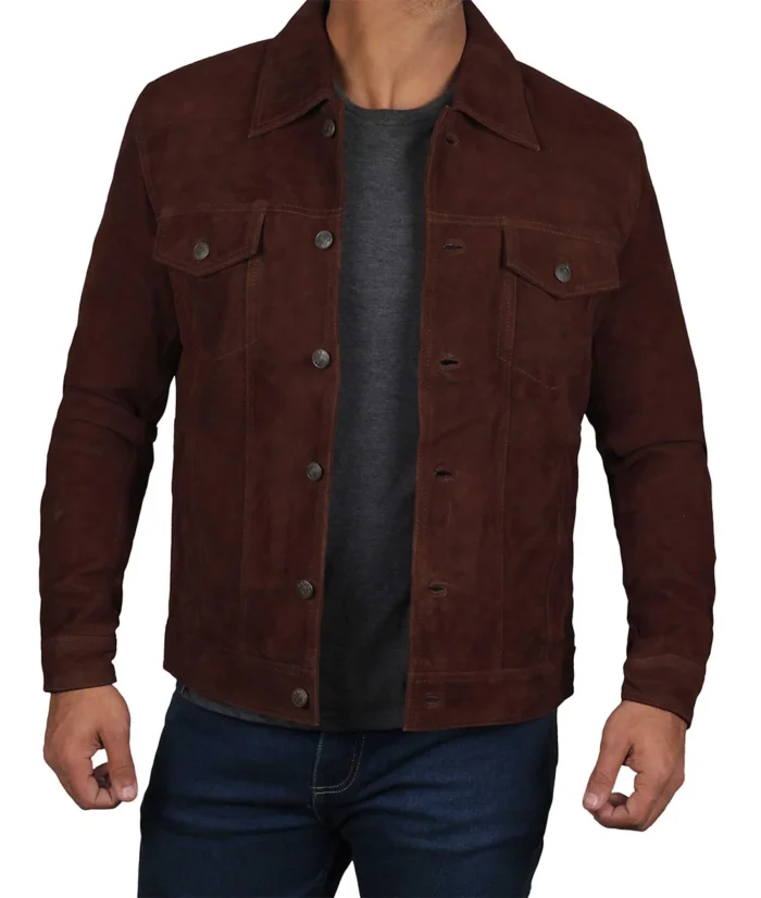 Logan Men's Dark Brown Suede Leather Trucker Jacket