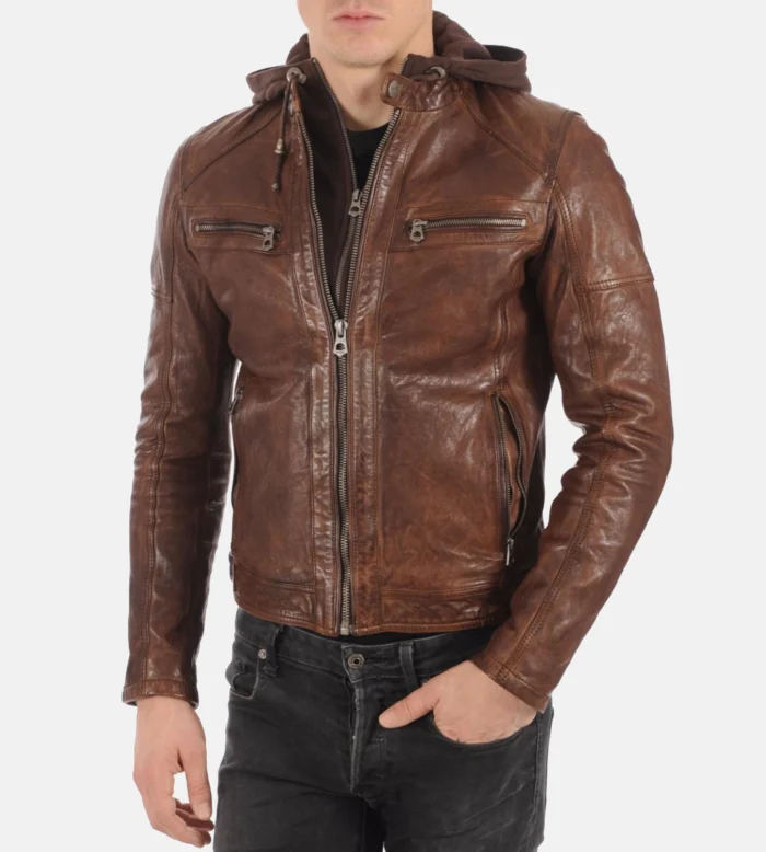 Mens Athens Cognac Removable Hoodie Genuine Leather Jacket