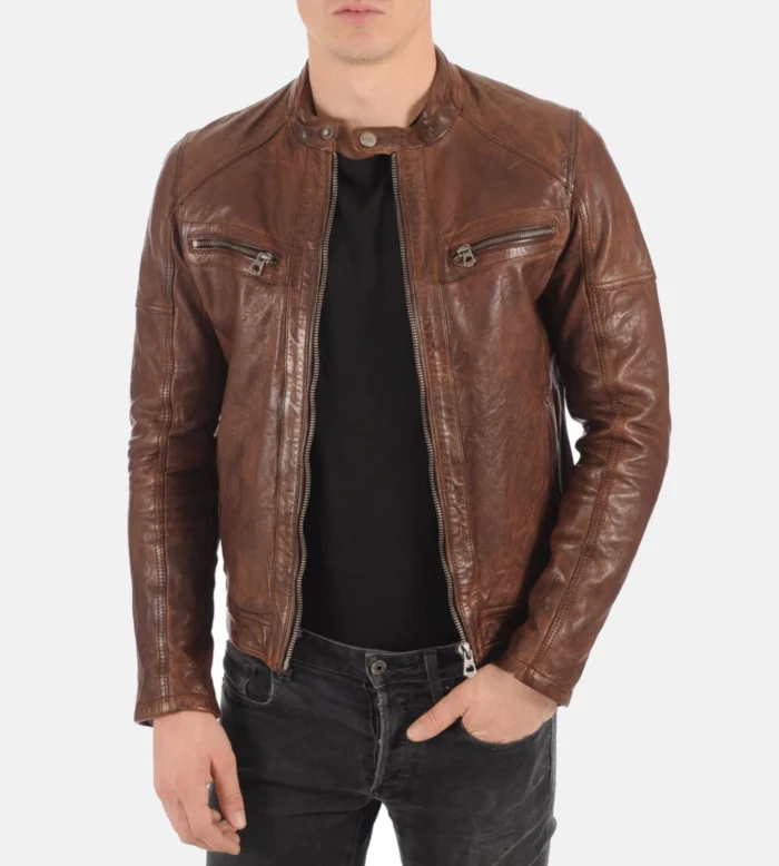 Mens Athens Cognac Removable Hoodie Genuine Leather Jacket