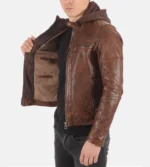 Mens Athens Cognac Removable Hoodie Genuine Leather Jacket