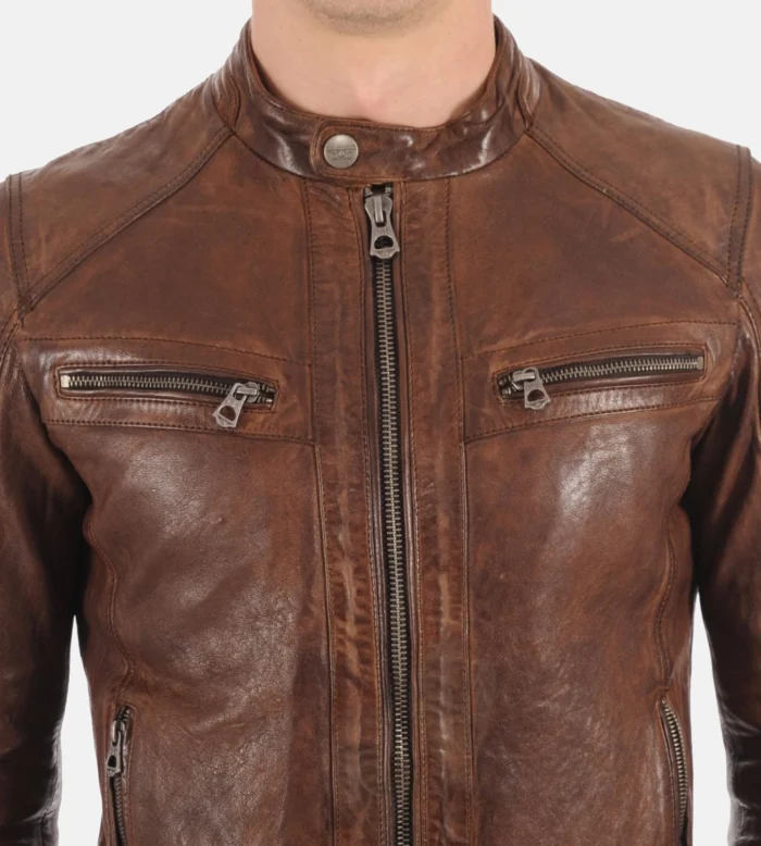 Mens Athens Cognac Removable Hoodie Genuine Leather Jacket