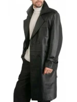 Mens Belted Double Breasted Black Leather Trench Coat