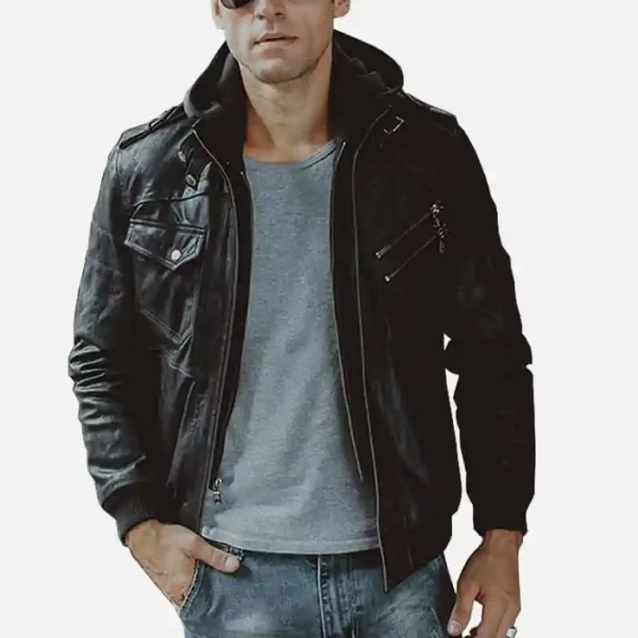 Men’s Black Bomber Leather Jacket with Hood