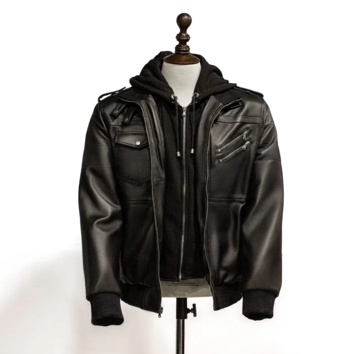 Men’s Black Bomber Leather Jacket with Hood