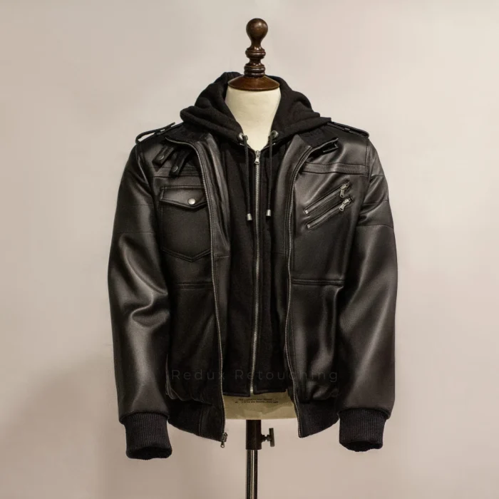 Men’s Black Bomber Leather Jacket with Hood