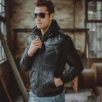 Men’s Black Bomber Leather Jacket with Hood