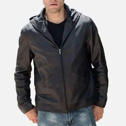 Men’s Black Hooded Leather Jacket – Real Cowhide Leather