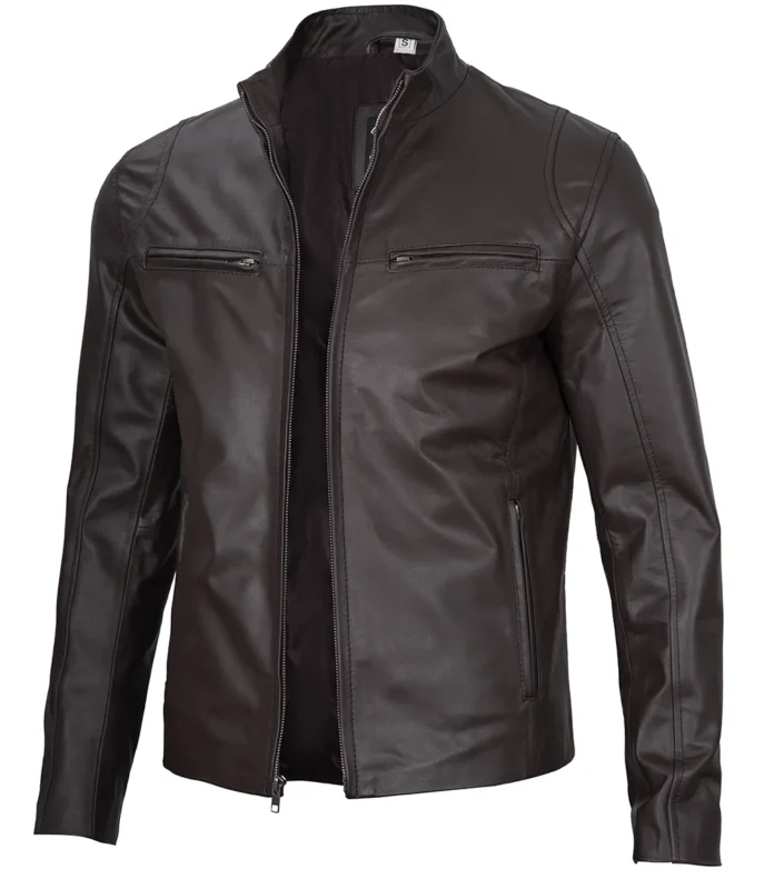 Mens Dark Brown Cowhide Cafe Racer Leather Jacket