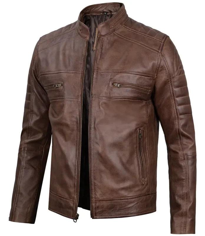 Men's Distressed Coffee Brown Leather Cafe Racer Jacket