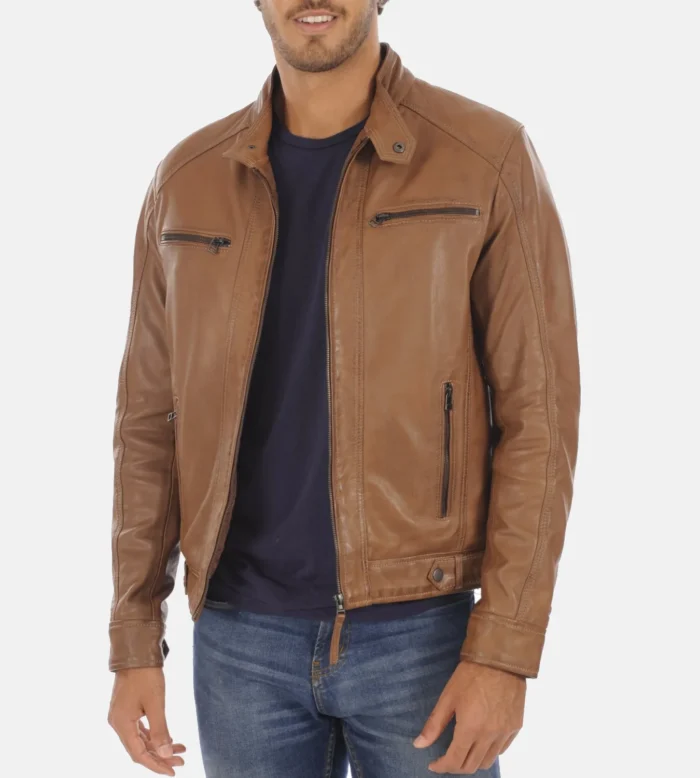 Men’s Erico Cognac Lambskin leather Hoodie Jacket