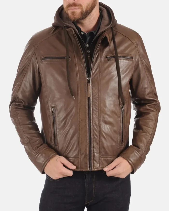 Men’s Eriko Mocca Hood Real Lambskin Leather Jacket