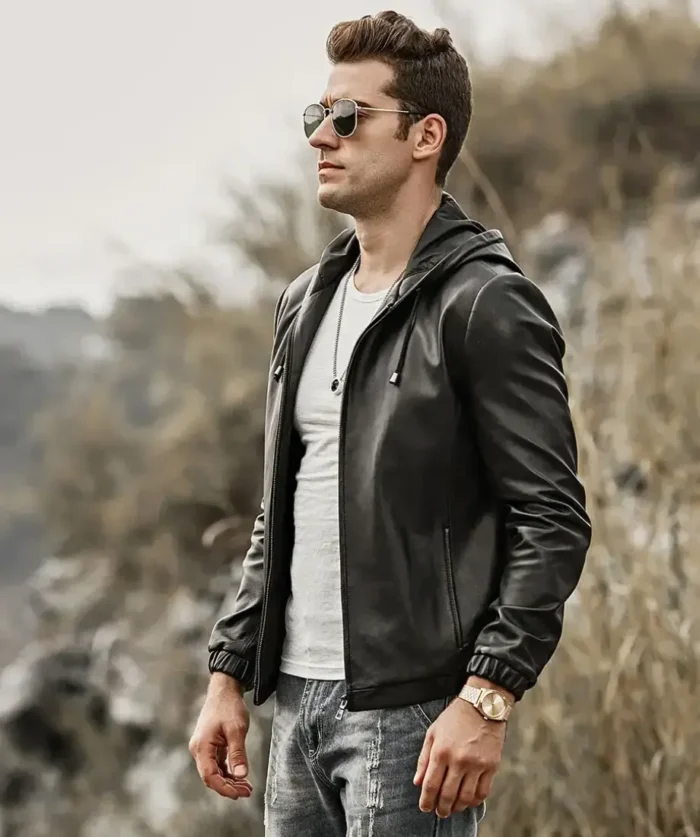 Men’s Hooded Real Sheepskin Leather Jacket