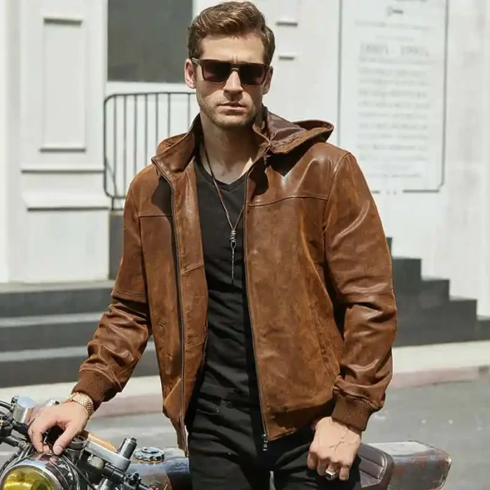 Men’s Motorcycle Bomber Leather Jacket With A Hood