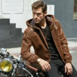 Men’s Motorcycle Bomber Leather Jacket With A Hood