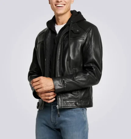 Nils Black Hooded Biker Leather Jacket