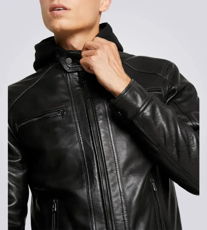 Nils Black Hooded Biker Leather Jacket