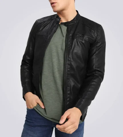 Onsal Classic Black Cafe Racer Leather Jacket