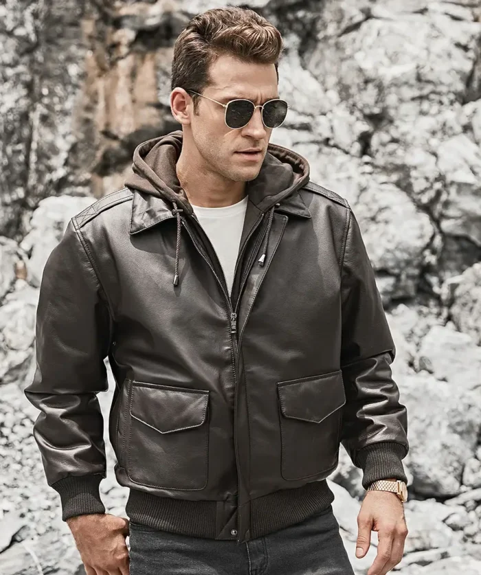 Patrick Air Mens Aviator Brown Hooded Real Leather Bomber Jacket