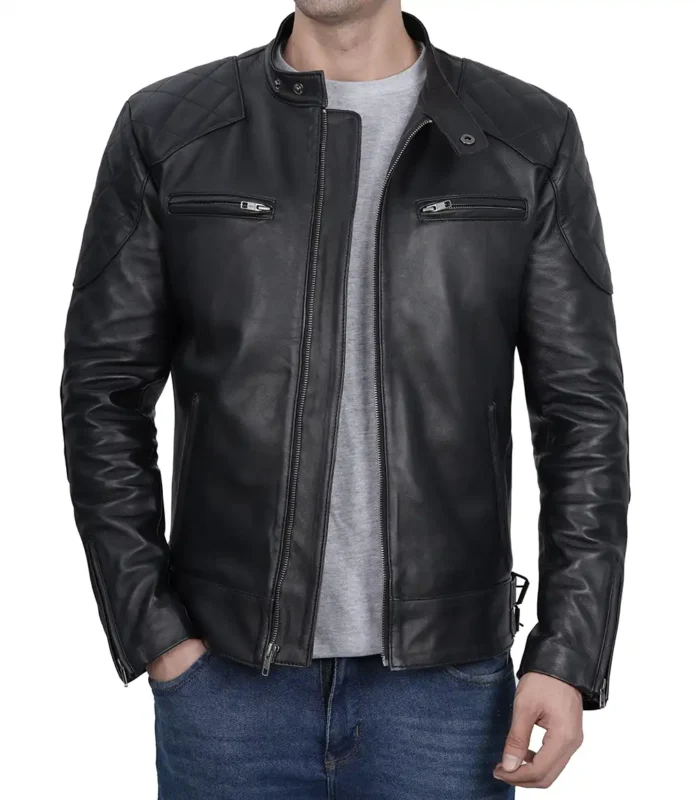 Stylish Men's Black Cafe Racer Leather Jacket with Multi-Pockets