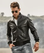 Tucson Mens Stand collar Real Leather Moto Jacket Knit Trim