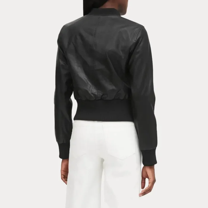 Women Cropped Black Ribbed Cuff Bomber Jacket