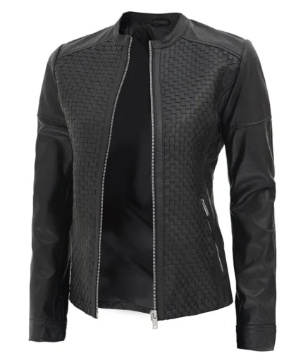 Womens Black Leather Cafe Racer Style Textured Jacket