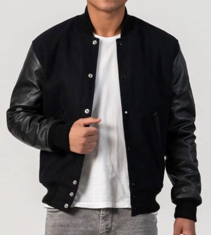 Anthony Black Varsity Jacket With Leather Sleeves