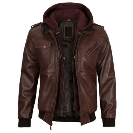 Brown Leather Jacket with Removable Hoodie