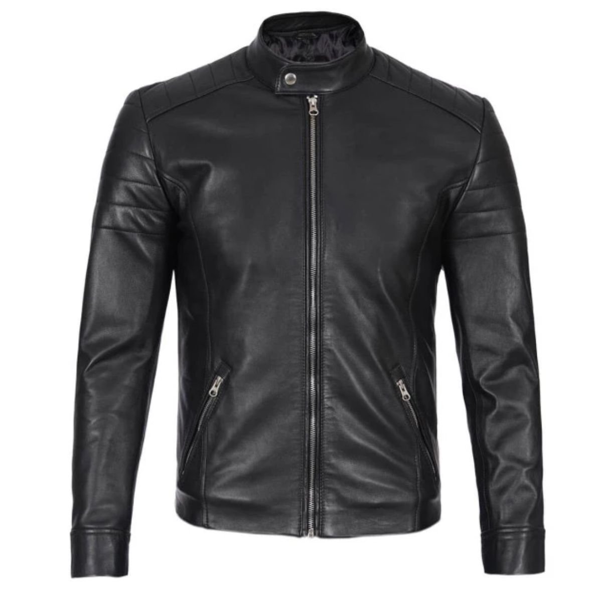 Classic Black Leather Cafe Racer Jacket