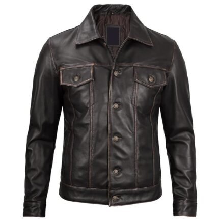 Dark Brown Trucker Leather Jacket