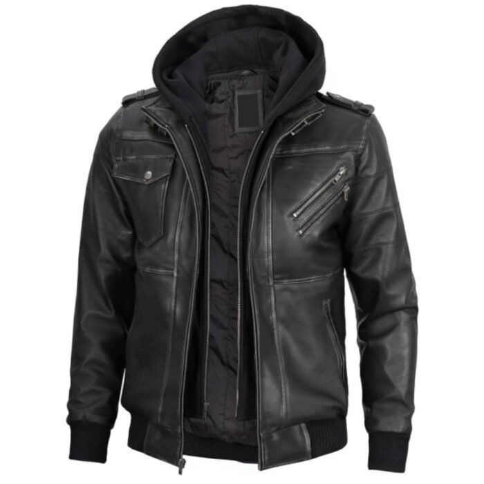 Grey Leather Jacket with Black Removable Hoodie