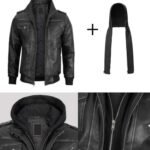 Grey Leather Jacket with Black Removable Hoodie