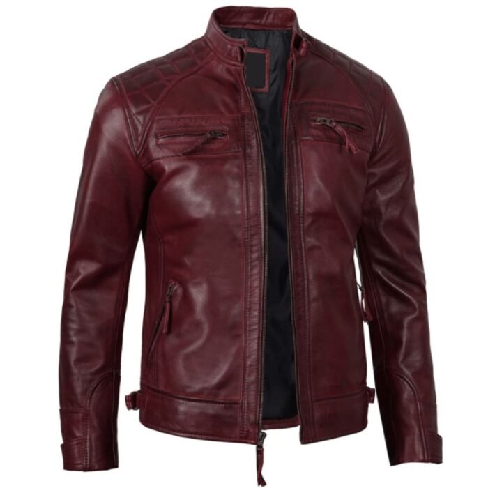 Maroon Cafe Racer Quilted Leather Jacket